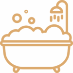 Simple line drawing of a bathtub filled with bubbles, with a showerhead above spraying water—like a relaxing escape after visiting your local Santa Clara auto body shop.
