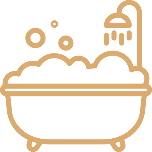 Simple line drawing of a bathtub filled with bubbles, with a showerhead above spraying water—like a relaxing escape after visiting your local Santa Clara auto body shop.
