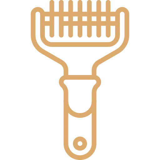 Line drawing of a pet grooming brush with a wide, rectangular head and handle. The head features multiple evenly spaced teeth, designed for removing loose fur—much like tools found in a body shop repair or collision center.
