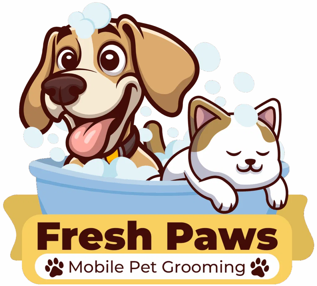 Cartoon dog and cat in a blue tub with soap bubbles above "Fresh Paws Mobile Pet Grooming" text and paw print icons, bringing the same care to pets as a top body shop repair or collision center.