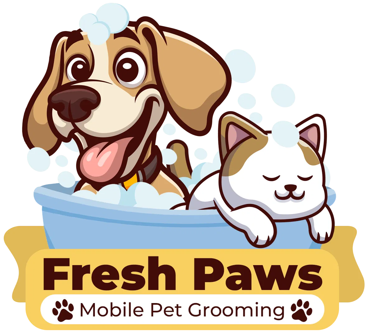 Cartoon dog and cat in a blue tub with soap bubbles above "Fresh Paws Mobile Pet Grooming" text and paw print icons, bringing the same care to pets as a top body shop repair or collision center.