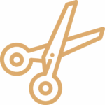 A simple, tan-colored outline icon of an open pair of scissors on a transparent background—perfect for use by an auto body shop or collision center to represent precision and care.