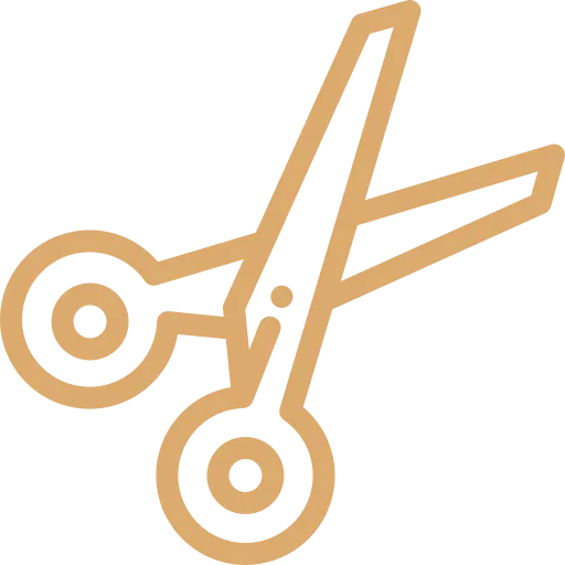 A simple, tan-colored outline icon of an open pair of scissors on a transparent background—perfect for use by an auto body shop or collision center to represent precision and care.